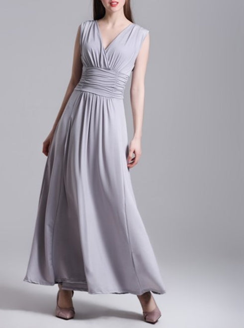 Grey Sleeveless V-Neck A-Line Ruched Chiffon Maxi Dress With Open Back