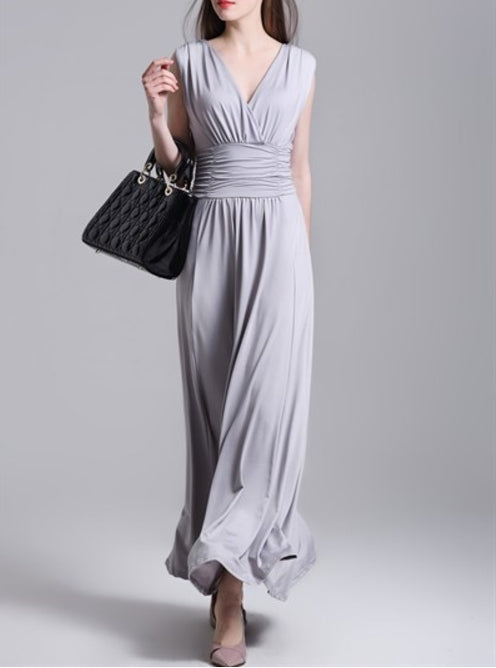 Grey Sleeveless V-Neck A-Line Ruched Chiffon Maxi Dress With Open Back