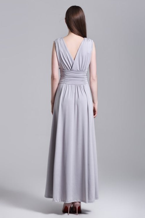 Grey Sleeveless V-Neck A-Line Ruched Chiffon Maxi Dress With Open Back
