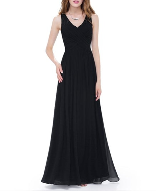 Black V Neck Sleeveless Lace Illusion Neckline Long Chiffon Prom Dress