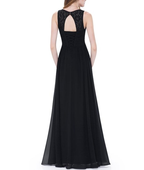 Black V Neck Sleeveless Lace Illusion Neckline Long Chiffon Prom Dress