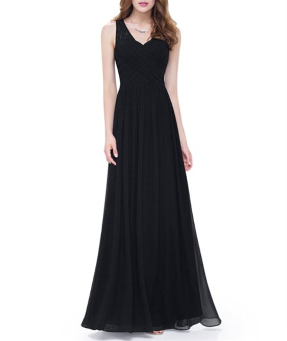 Black V Neck Sleeveless Lace Illusion Neckline Long Chiffon Prom Dress