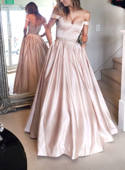 Pink Off The Shoulder Formal Long Ball Gown Dresses With Pockets