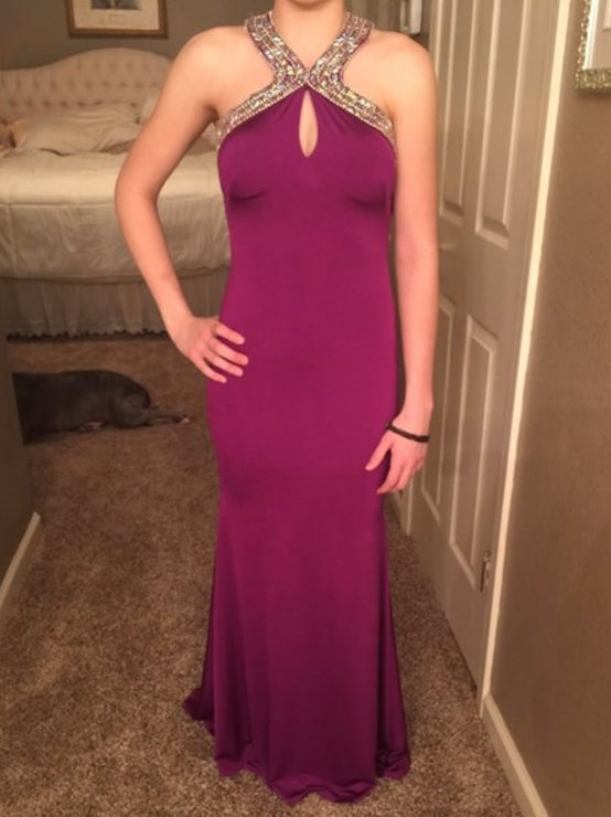 Violet Jewel Embellished Backless Long Floor Length Prom Dress