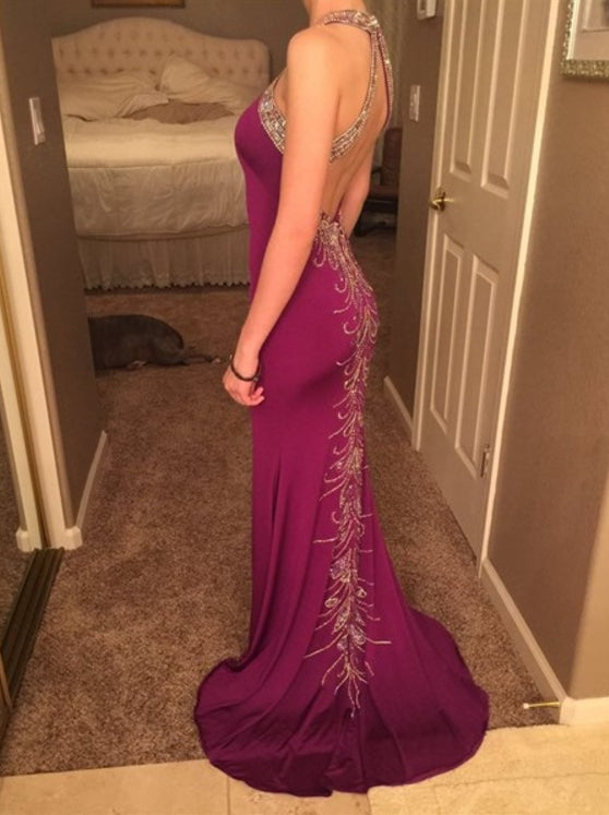Violet Jewel Embellished Backless Long Floor Length Prom Dress