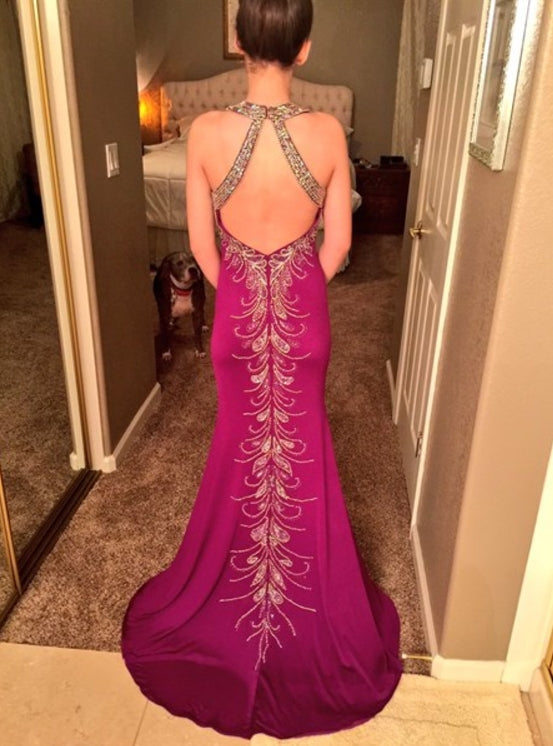 Violet Jewel Embellished Backless Long Floor Length Prom Dress