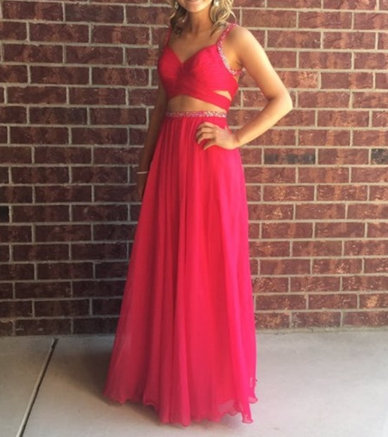 Red Beaded Two Piece Backless A Line Chiffon Long Prom Dress