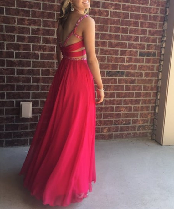 Red Beaded Two Piece Backless A Line Chiffon Long Prom Dress