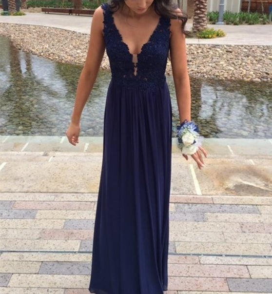 Navy Blue Lace Bodice Chiffon Skirt Backless Long Prom Dress