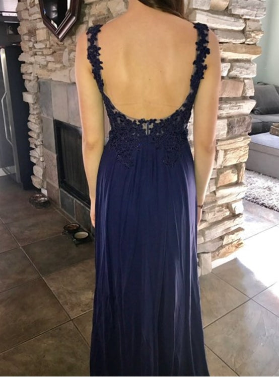 Navy Blue Lace Bodice Chiffon Skirt Backless Long Prom Dress
