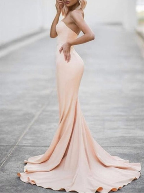 Elegant Peach Strapless Sweetheart Long Mermaid Prom Formal Dress