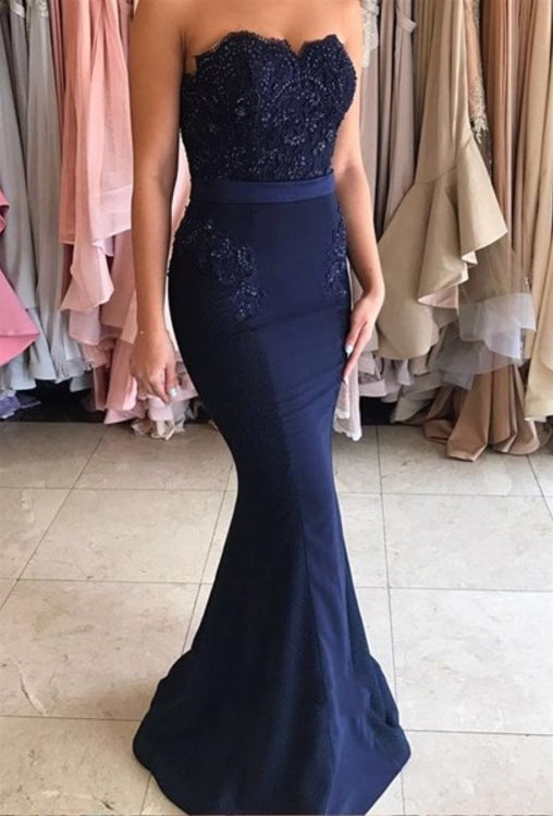 Navy Blue Strapless Lace Embellished Mermaid Prom Dress