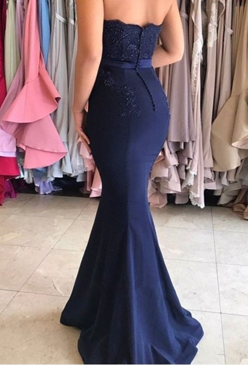 Navy Blue Strapless Lace Embellished Mermaid Prom Dress