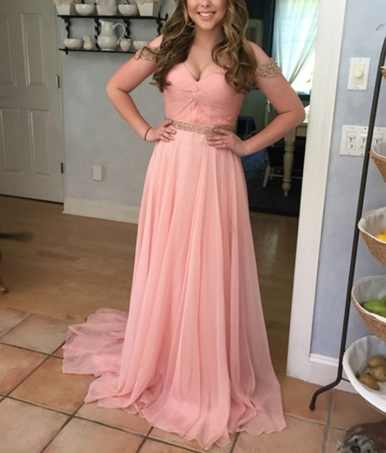 Pink Twist Front Beaded Embellished Prom Dress With Straps