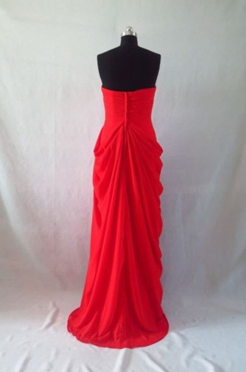 Red Strapless Side Slit Chiffon Long Prom Dress With Ruffle Detail