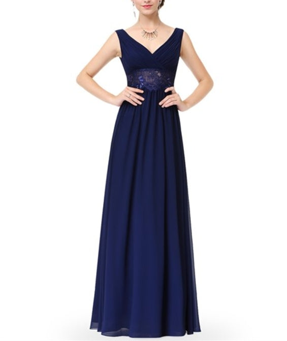 V Neck Sleeveless Lace Sheer Waist Ruched Chiffon Prom Dress Long