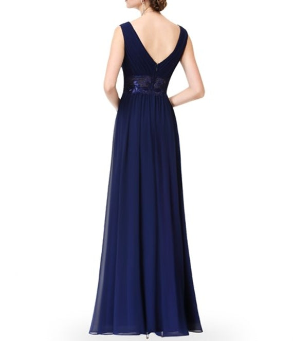 V Neck Sleeveless Lace Sheer Waist Ruched Chiffon Prom Dress Long