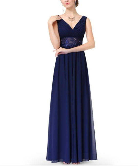 V Neck Sleeveless Lace Sheer Waist Ruched Chiffon Prom Dress Long