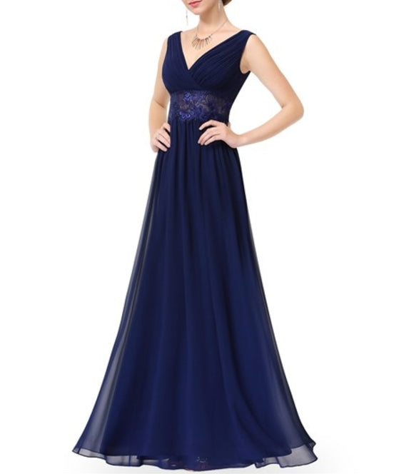 V Neck Sleeveless Lace Sheer Waist Ruched Chiffon Prom Dress Long