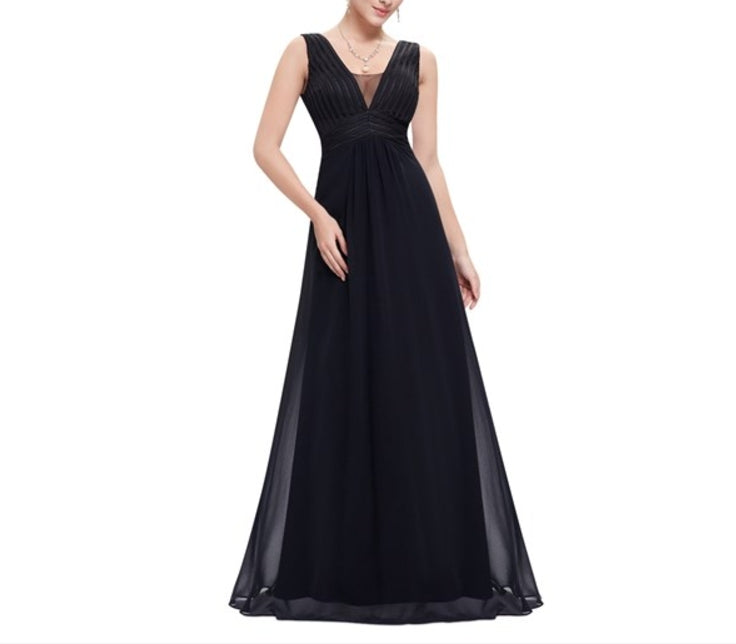 Black Chiffon Floor Length Sleeveless V-Neck Empire Waist Prom Dress
