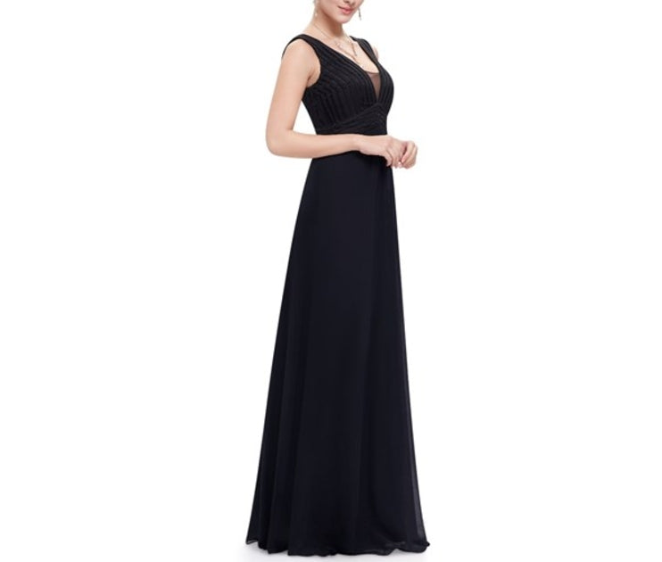 Black Chiffon Floor Length Sleeveless V-Neck Empire Waist Prom Dress