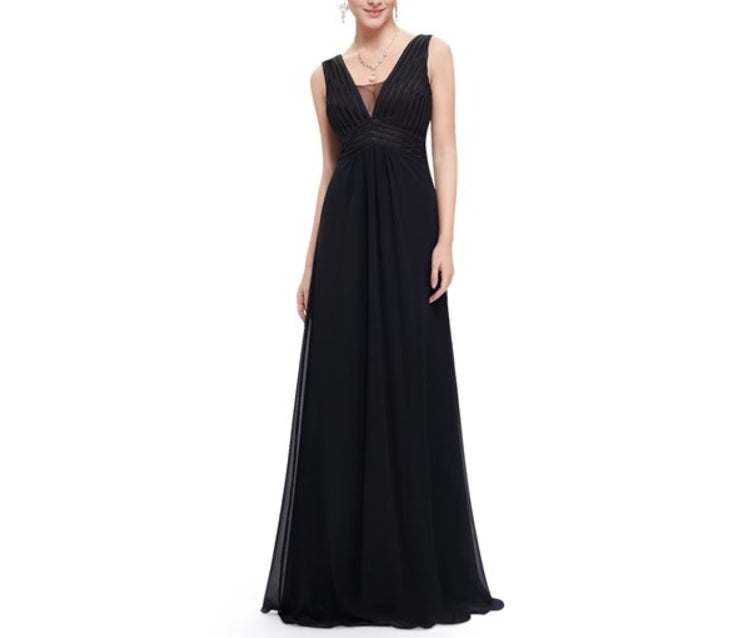 Black Chiffon Floor Length Sleeveless V-Neck Empire Waist Prom Dress
