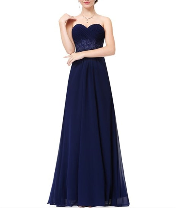 Navy Blue Strapless A-Line Long Ruched Chiffon Prom Dress With Flower