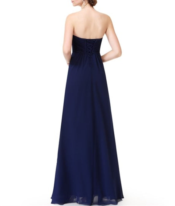 Navy Blue Strapless A-Line Long Ruched Chiffon Prom Dress With Flower