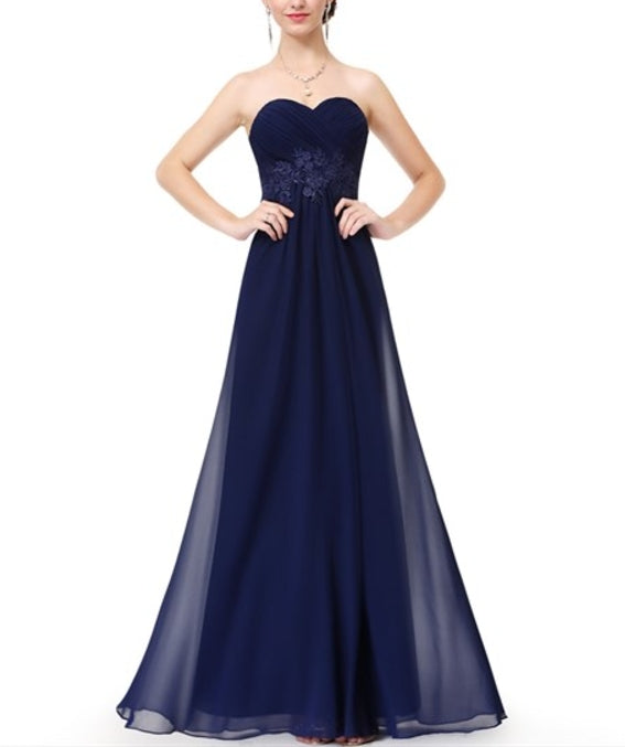Navy Blue Strapless A-Line Long Ruched Chiffon Prom Dress With Flower