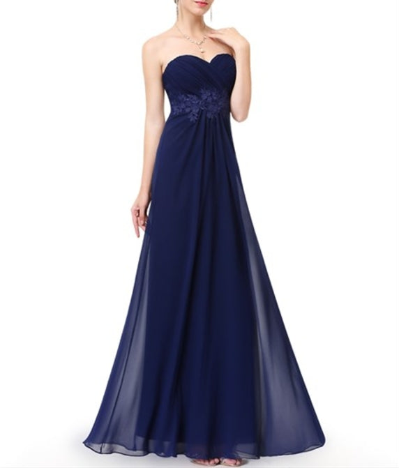 Navy Blue Strapless A-Line Long Ruched Chiffon Prom Dress With Flower