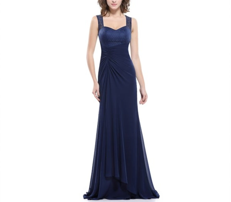 Navy Blue Chiffon Prom Dress With Lace Bodice And Shoulder Straps