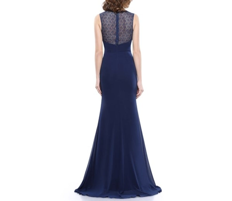 Navy Blue Chiffon Prom Dress With Lace Bodice And Shoulder Straps
