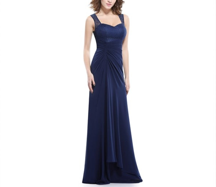 Navy Blue Chiffon Prom Dress With Lace Bodice And Shoulder Straps