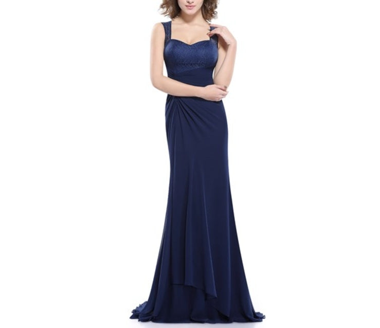 Navy Blue Chiffon Prom Dress With Lace Bodice And Shoulder Straps