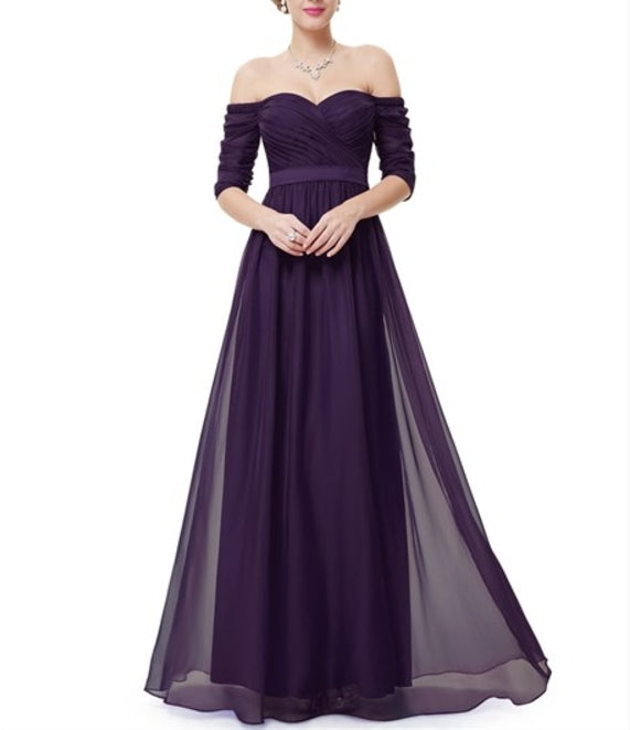 Purple Off The Shoulder Half Sleeves A-Line Chiffon Formal Prom Dress