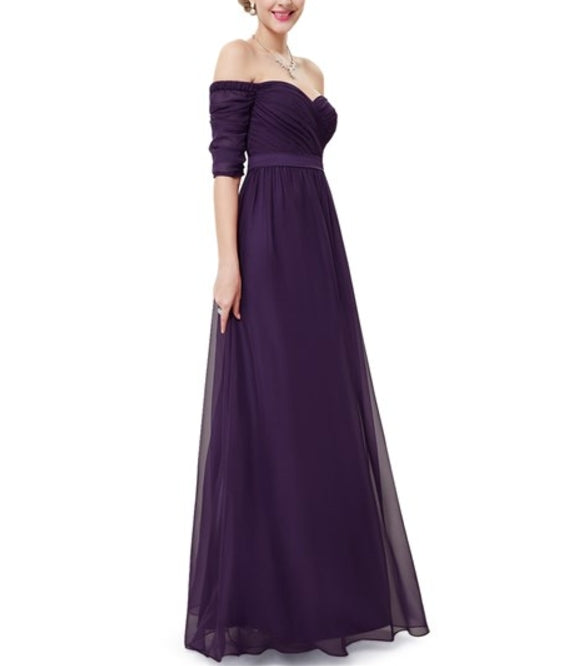 Purple Off The Shoulder Half Sleeves A-Line Chiffon Formal Prom Dress