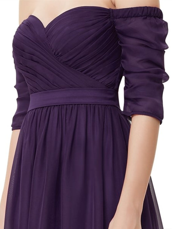 Purple Off The Shoulder Half Sleeves A-Line Chiffon Formal Prom Dress