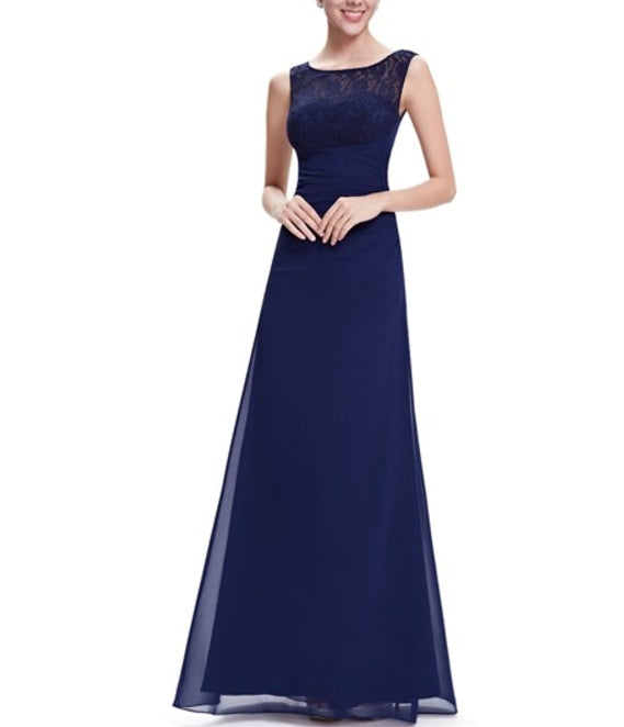 Elegant Navy Blue Chiffon Bridesmaid Dresses Lace Top Chiffon Bottom