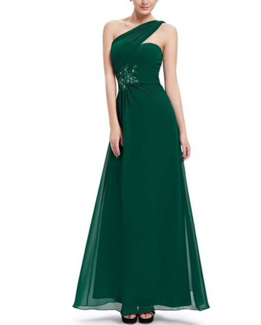 Emerald Green One Shoulder Chiffon Prom Dress With Floral Appliques