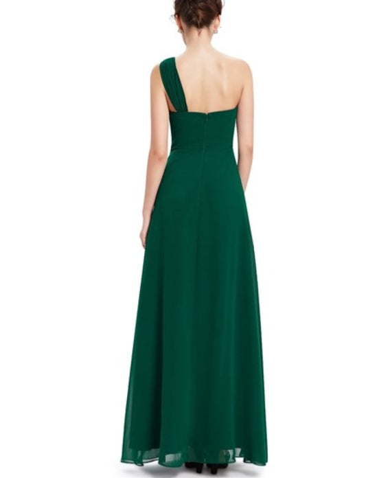 Emerald Green One Shoulder Chiffon Prom Dress With Floral Appliques