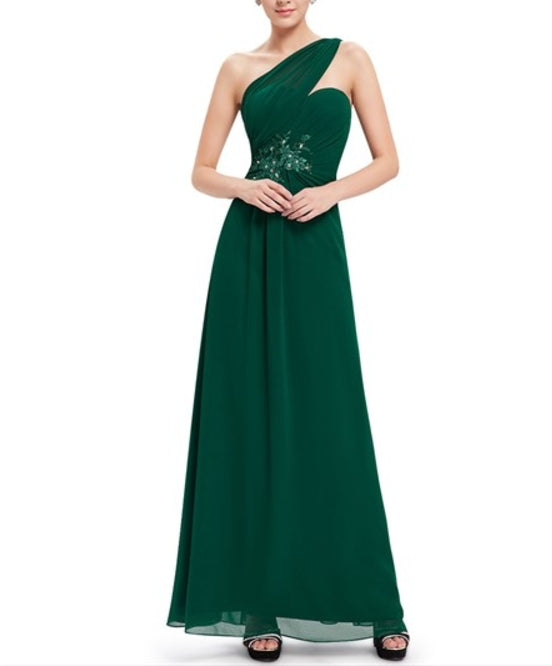 Emerald Green One Shoulder Chiffon Prom Dress With Floral Appliques