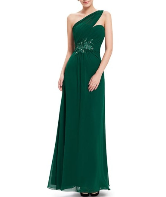 Emerald Green One Shoulder Chiffon Prom Dress With Floral Appliques