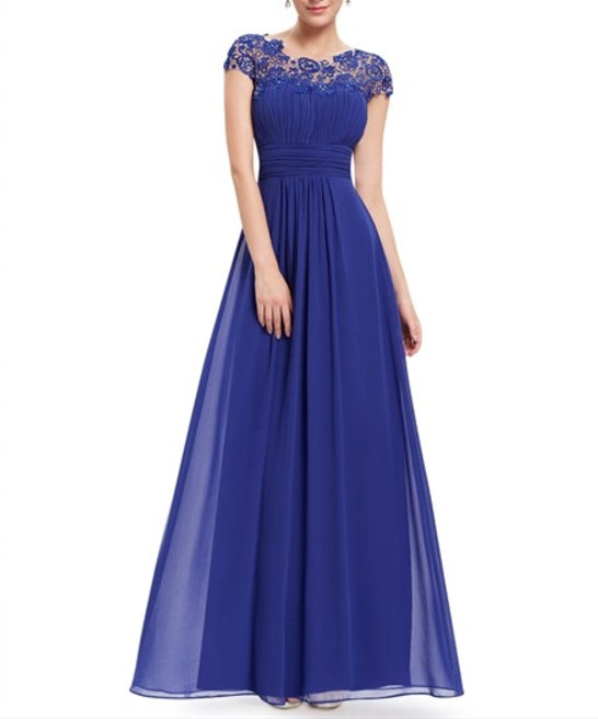Royal Blue Chiffon Prom Dress With Illusion Lace And Keyhole Back