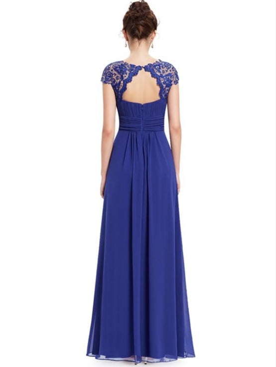 Royal Blue Chiffon Prom Dress With Illusion Lace And Keyhole Back
