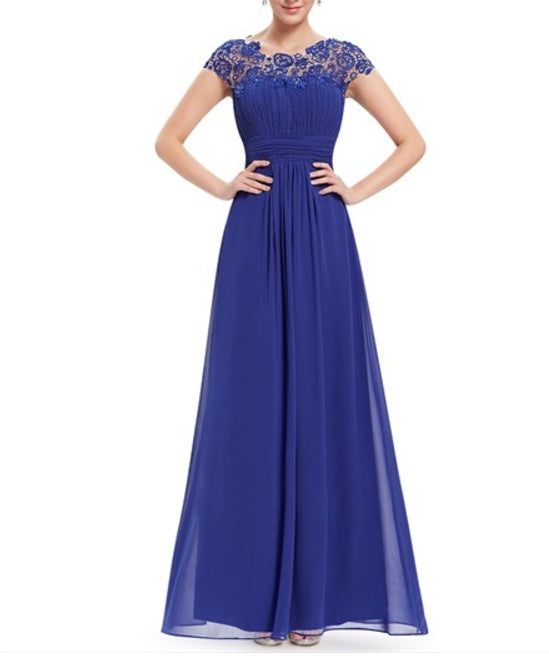 Royal Blue Chiffon Prom Dress With Illusion Lace And Keyhole Back