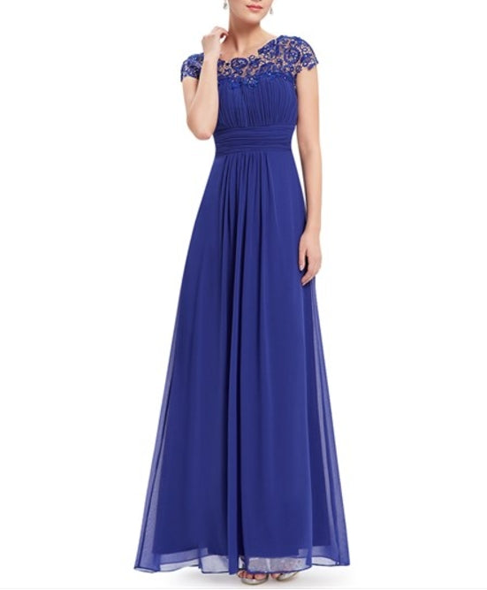 Royal Blue Chiffon Prom Dress With Illusion Lace And Keyhole Back