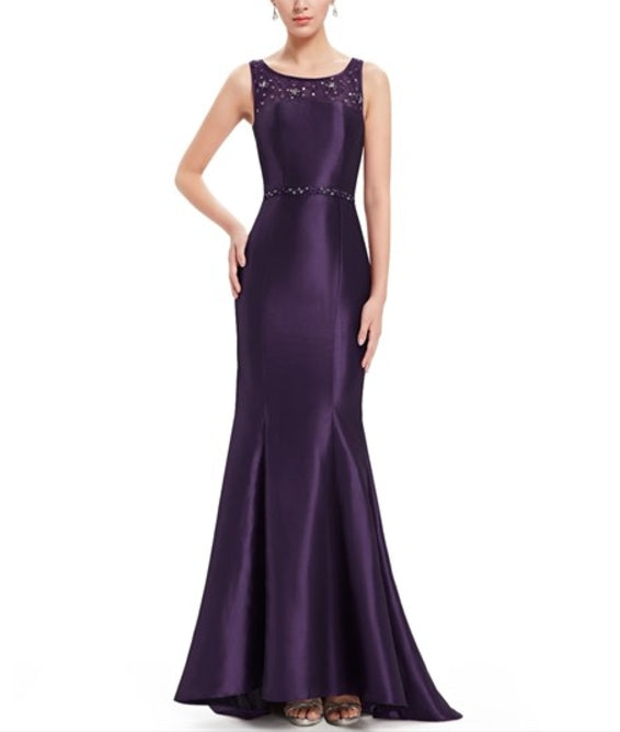Purple Beaded Neckline Mermaid Lace Embellished Prom Dress