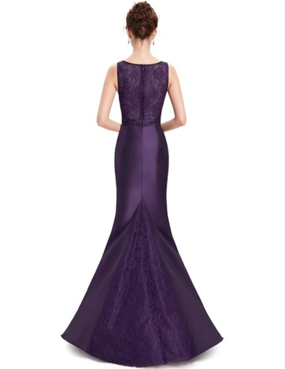 Purple Beaded Neckline Mermaid Lace Embellished Prom Dress