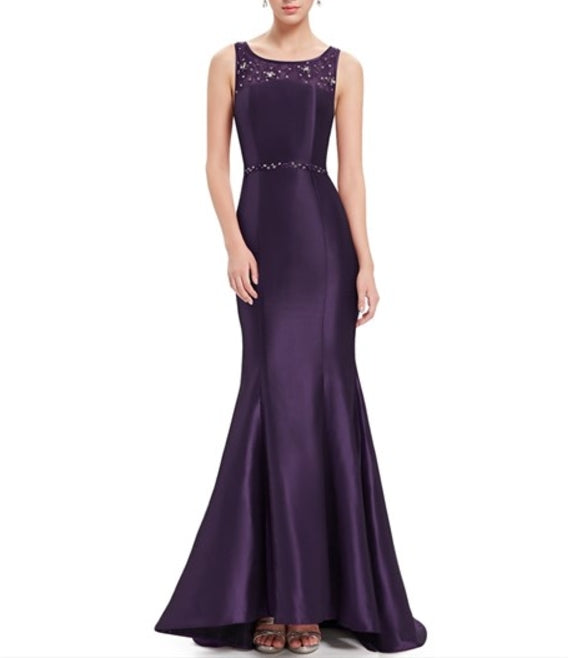 Purple Beaded Neckline Mermaid Lace Embellished Prom Dress