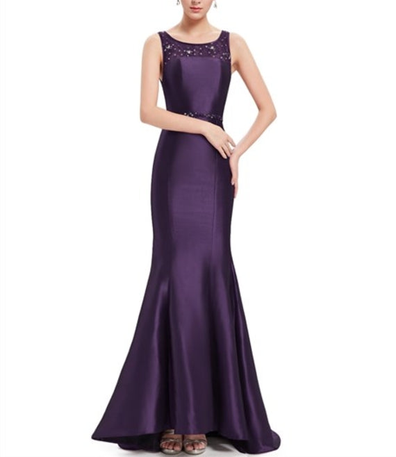 Purple Beaded Neckline Mermaid Lace Embellished Prom Dress